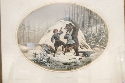 GRENIER Frères "Chasse au loup" et "Chasse à l'ours, XIXe, paire de lithographies...
