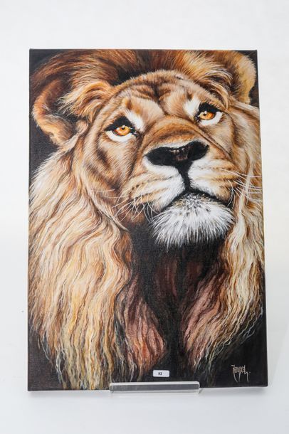 ROUXEL Aline "Lion", XXIe, acrylique sur toile, signée en bas à droite, 55x38 cm...