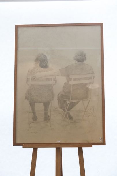 Ecole Belge "Femmes assises", [19]76, crayon sur papier, signé et daté en bas à gauche,...