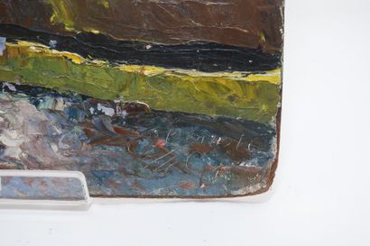 BOMOLO "Pirogue", XXe, huile sur panneau, signée en bas à droite, 55,5x37 cm [bords/angles...