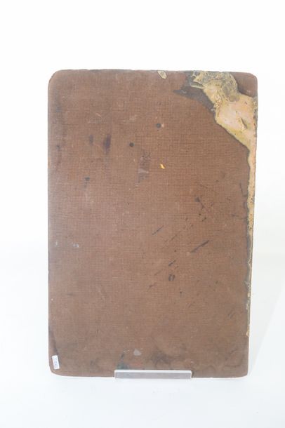 BOMOLO "Pirogue", XXe, huile sur panneau, signée en bas à droite, 55,5x37 cm [bords/angles...