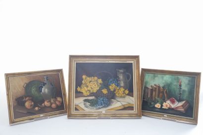 MARCHAL E. "Natures mortes", XXe, trois huiles sur toile, signées en bas à droite,...