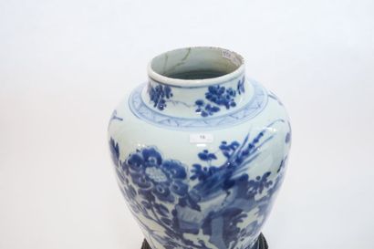 CHINE Paire de potiches à décor bleu et blanc de fleurs et d'oiseaux, dynastie Qing...