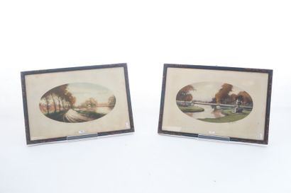 Ecole Belge "Paysages lacustres" et "Vues de Bruxelles", XXe, deux paires d'estampes,...