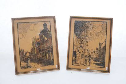 Ecole Belge "Paysages lacustres" et "Vues de Bruxelles", XXe, deux paires d'estampes,...
