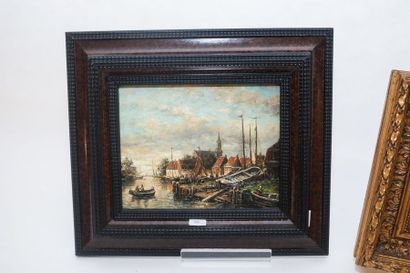 École hollandaise "Paysages maritimes", XXe, trois huiles sur panneau, signées, 16x21...