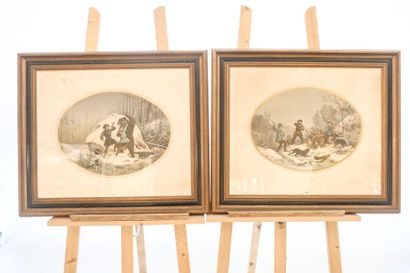 GRENIER Frères "Chasse au loup" et "Chasse à l'ours", XIXe, paire de lithographies...