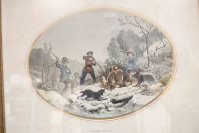 GRENIER Frères "Chasse au loup" et "Chasse à l'ours", XIXe, paire de lithographies...