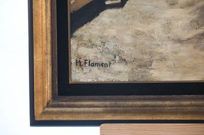 FLAMENT M. "Rue enneigée", XXe, huile sur panneau, signée en bas à gauche, 63x76...