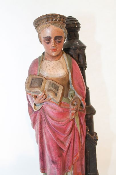 ÉCOLE BOURGUIGNONNE "Sainte Barbe", travail ancien, sujet d'applique en chêne sculpté...