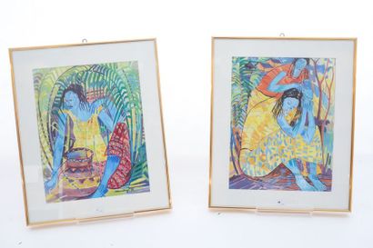 Ecole congolaise "Activités féminines", [19]96, paire d'acryliques sur papier en...