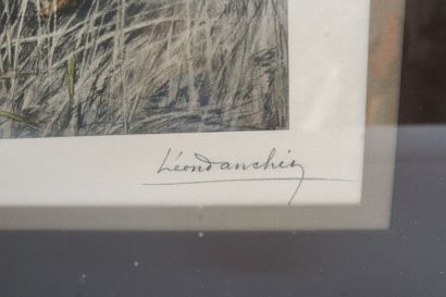 DANCHIN Léon (1887-1938) "Cane et canetons", XXe, lithographie polychrome, signée...