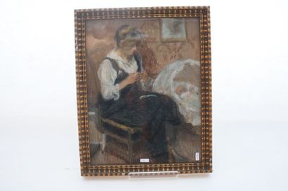 Ecole Belge "Mère et son nourrisson", début XXe, pastel sur papier, 42x32,5 cm.