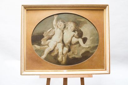 ECOLE FRANCAISE "Putti", XIXe, dessus-de-porte en grisaille sur toile ovale, 63,5x79...