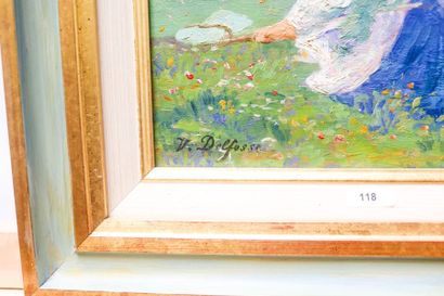 DELFOSSE V. "Chasseuse de papillons", XXe, huile sur toile, signée en bas à gauche,...