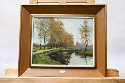 Ecole Belge "Bord de rivière", XXe, huile sur panneau, signée en bas à gauche, 24x30...