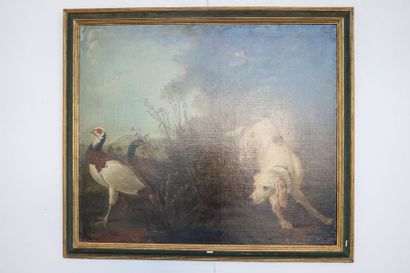 ECOLE FLAMANDE "Chien à l'affût", XVII-XVIIIe, huile sur toile rentoilée, 97x114...
