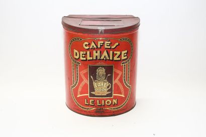 DELHAIZE FRÈRES & CIE Grande boîte à café Le Lion, circa 1930, tôle lithographiée,...