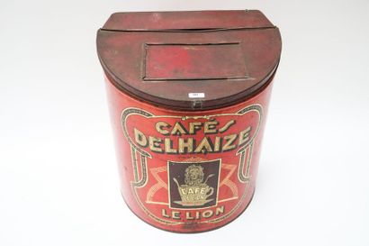 DELHAIZE FRÈRES & CIE Grande boîte à café Le Lion, circa 1930, tôle lithographiée,...