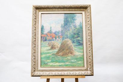 POSTEL Jules (1867-1955) "Fenaison", circa 1900, huile sur toile, signée en bas à...