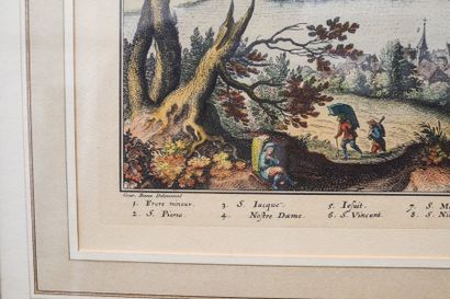 null "Dinant et ses environs", trois estampes dont deux rehaussées, 29x46,5 cm, 13,5x20,5...