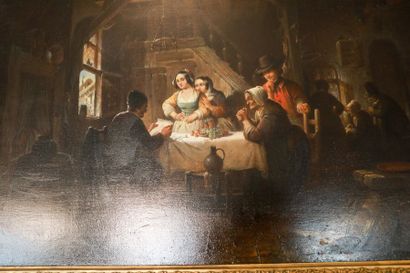 null ÉCOLE BELGE, "L'Épître", mi-XIXe, huile sur panneau, 52x77 cm.