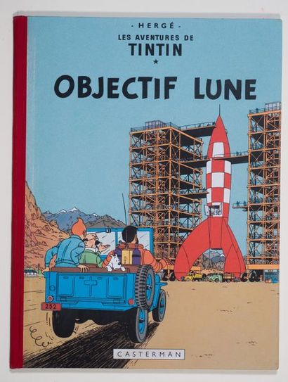Tintin - Objectif Lune Édition originale mixte de 1953. Dos rouge légèrement granuleux,...