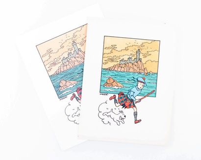 Tintin / L'île noire - Tirage aquarellé Ensemble composé du tirage original rehaussé...
