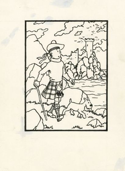 Tintin / L'île noire Superbe dessin (Hergé et studio) représentant Tintin en Kilt...