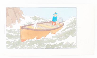 Tintin / L'île noire Très beau coloriage représentant Tintin en barque (12.5 x 22...
