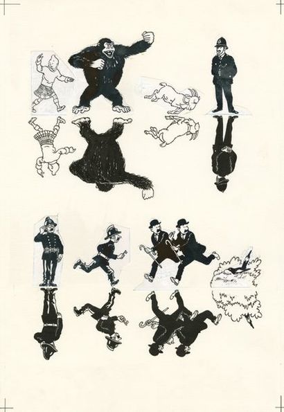 Tintin / L'île noire - Dessins originaux Très bel ensemble de personnages dont Tintin...