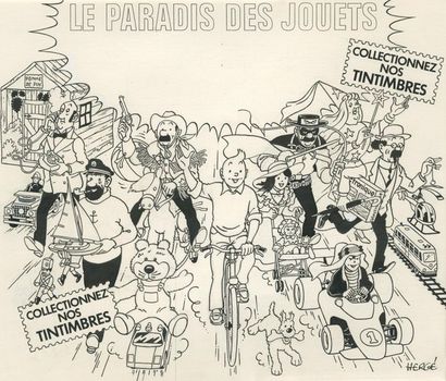 Hergé - Dessin original Le paradis des jouets. Superbe grande réalisation (37 x 45...