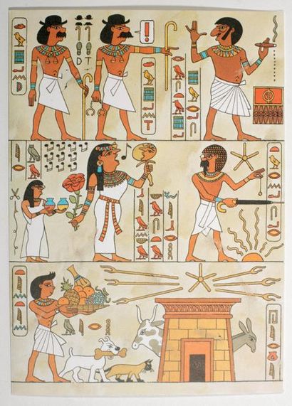 Hergé - Carte de Voeux 1979 Fresque Egyptienne. Signée. Signée, avec enveloppe. Proche...