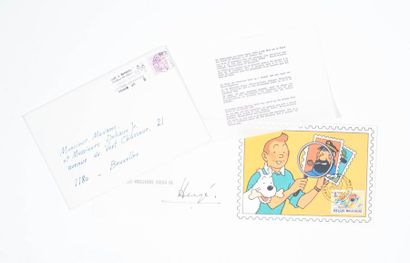 Hergé - Carte de Voeux 1980 Reproduction d'un timbre philatélie de la jeunesse. Signée,...