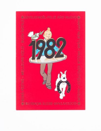 Hergé - Carte de Voeux 1982 Tintin portant un plateau avec le millésime 1982. Signée....