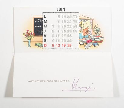 Hergé - Carte de Voeux 1983 Carte calendrier dépliante. Signée, avec enveloppe. Proche...