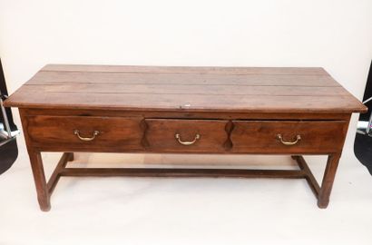 null Grande table-console rustique ouvrant par trois tiroirs en ceinture, XIXe, chêne...