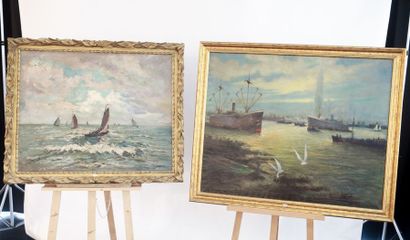 Ecole Belge "Port d'Anvers" et "Marine", fin XIXe - début XXe, deux huiles sur toile...
