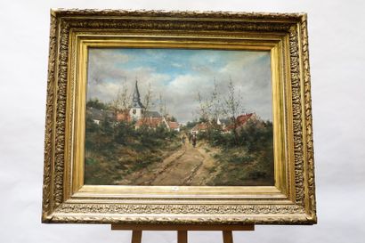 HILL Jean "Chemin villageois animé", circa 1900, huile sur toile, signée en bas à...
