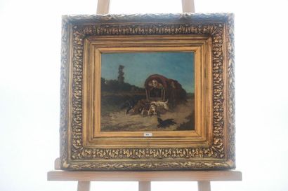 DE VOS Vincent (1829-1875) "Attelage de chiens", XIXe, huile sur panneau, signée...