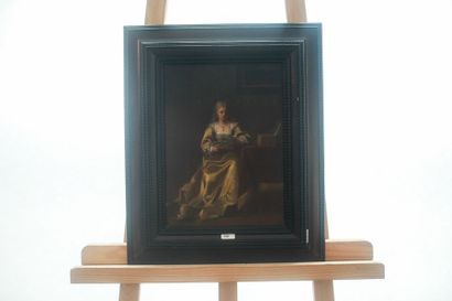 ÉCOLE FLAMANDE, "Jeune Femme à l'épître", XIXe, huile sur panneau, 32x24 cm.