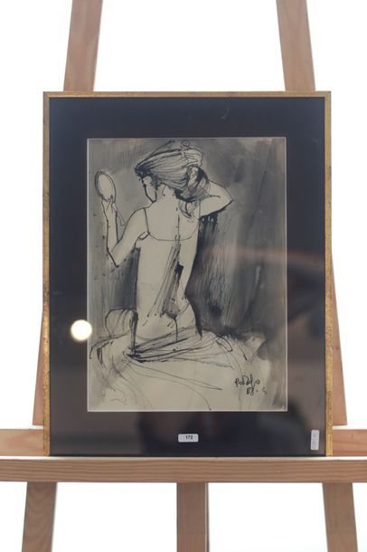 WOLFS Roger (1932) "Jeune Femme au miroir", [19]58, encre de Chine et lavis sur papier,...