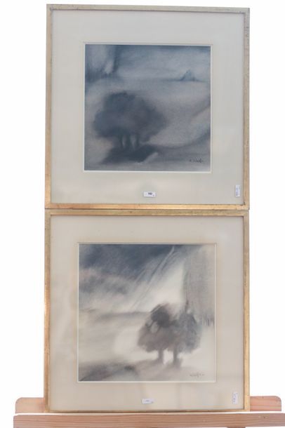 WOLFS Roger (1932) "Paysages arborés", fin XXe, paire de techniques mixtes sur papier...