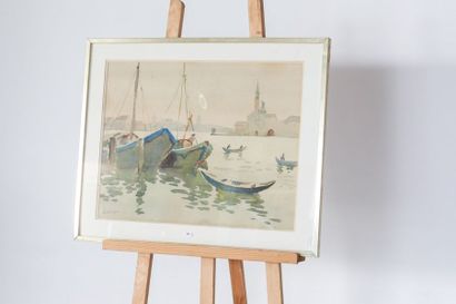 HOURREGUE Jean (1925-1983) "Vue de Venise", XXe, aquarelle sur papier, signée en...