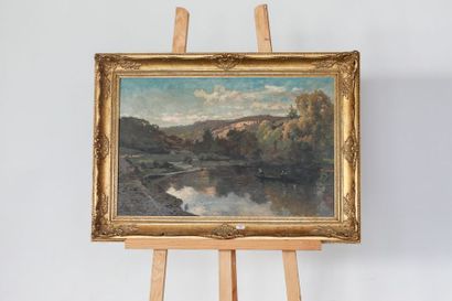 QUINAUX Joseph (1822-1895) "Paysage lacustre animé", XIXe, huile sur toile, signée...