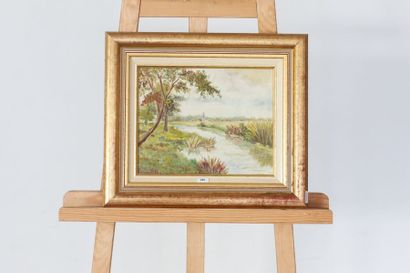 null ANONYME, "Bord de ruisseau", XXe, huile sur panneau, 24x30 cm.