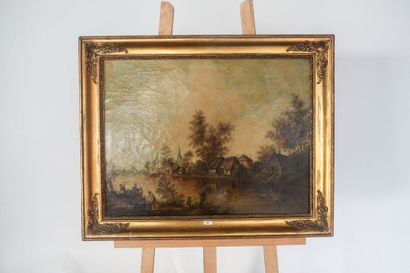 École hollandaise "Bord de rivière animé", début XXe, huile sur toile, 50x65 cm ...