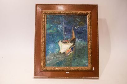 DUPAGNE M. "Composition au bateau", XXe, huile sur toile, signée et contresignée...
