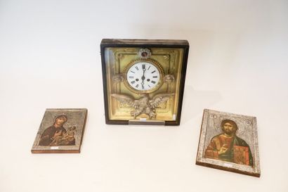 null Tableau-horloge à l'aigle, XIXe, bois et métal repoussé, 34x29 cm [usures] ;...