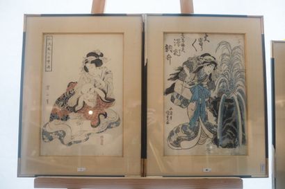 JAPON Cinq estampes ?ban, époque d'Edo - ère Meiji / XIXe, encadrements formant suite,...